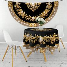 1pc Black With Golden Edge Pearl Totem Print Round Tablecloth, Waterproof Colorful Patio Dining Table Cover, Vintage Tapestry Curtain Shawl Scarf Picnic Mat Suitable For 63-Inch Tables