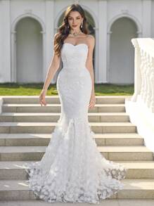 UNITHORSE 女式蕾丝拼接露肩露背优雅鱼尾婚纱礼服，新娘全白派对服装