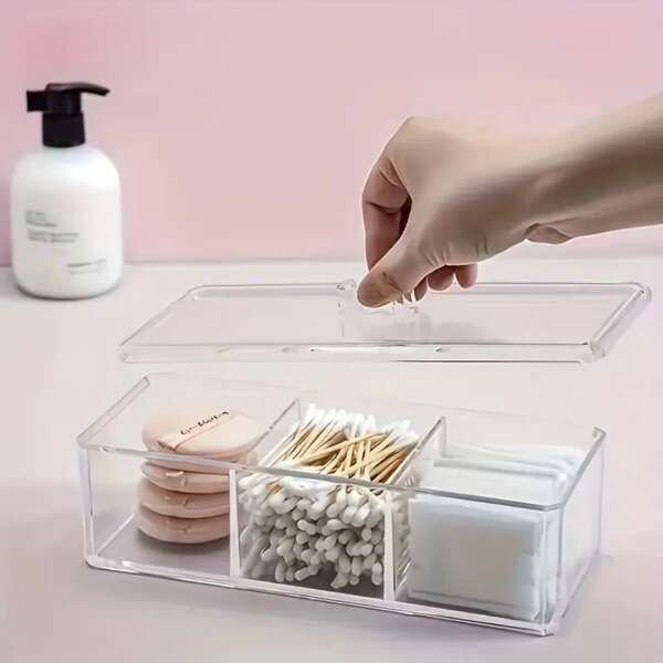 1pc Modern Acrylic Makeup Organizer With Lid - Transparent 3-Compartment Cosmetic Storage Box For Jewelry And Skincare, Rectangular Vanity Tray For Cleaning Swabs, Lipsticks, Makeup Brushes And Other Accessories