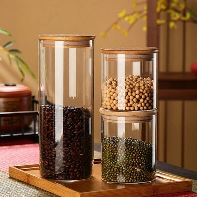 2个高硼硅酸盐耐热玻璃罐，配竹盖，大容量透明储物罐，防潮，家用