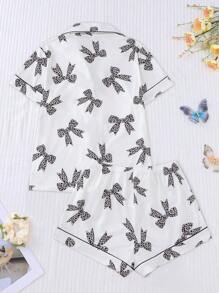 Conjunto de pijama de 2 piezas para mujer, con camisa de manga corta con botones de solapa y pantalones cortos holgados con elástico, informal para exterior y para el hogar, adecuado para todas las estaciones