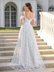 UNITHORSE 女士细肩带蕾丝刺绣露背白色婚纱，优雅伴娘礼服，全白派对服装女士 - 白色 - 查看 3