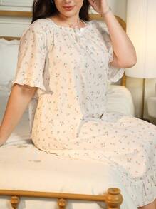 RS Pajama Women's Plus Size Elegant Flower Print Bubble Chiffon Ruffle Trim Square Neck Night,Long Sleep Dress,Pajama Dress