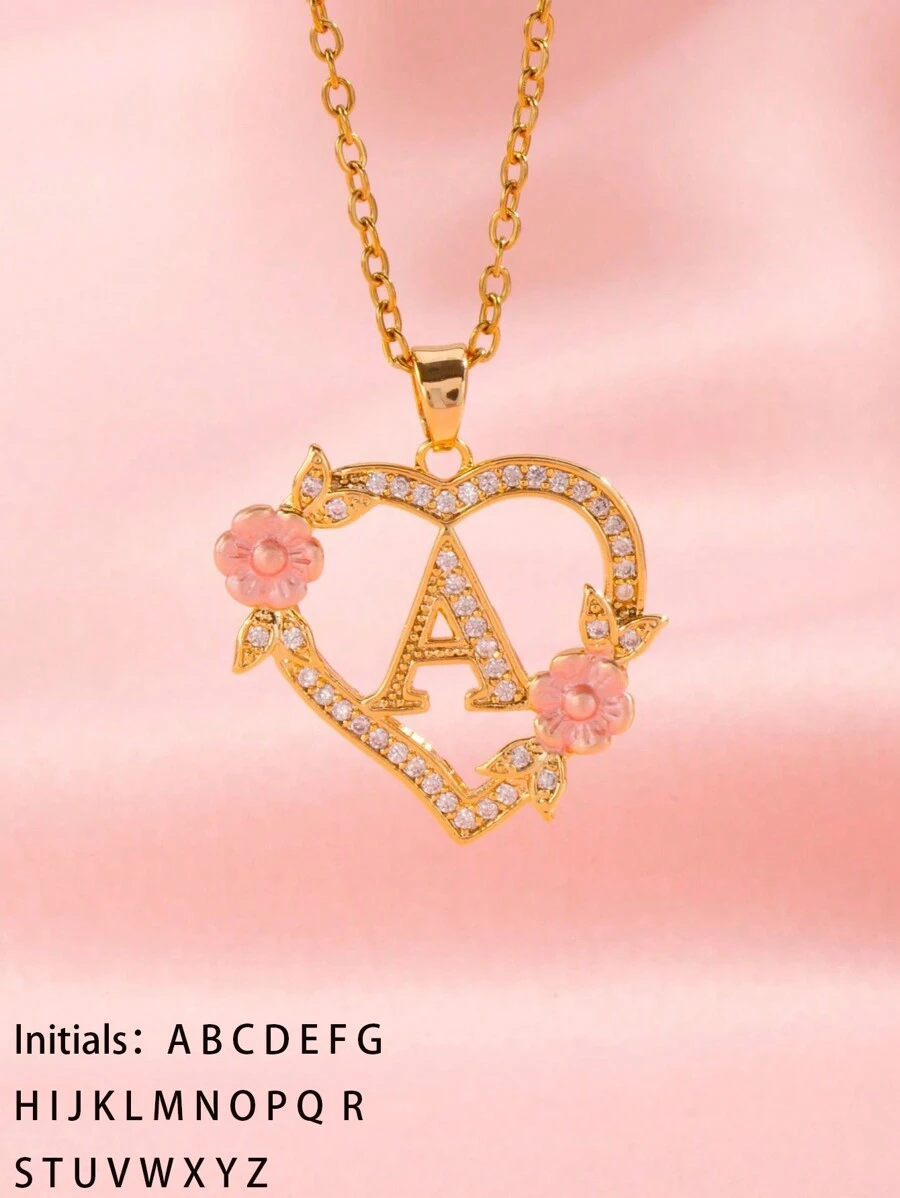 1 件心形花卉字母项链个性化心形花卉 26 个字母吊坠项链适合女孩的生日
