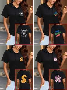 Customized Women Short Sleeve Hoodie T-Shirt/Customize Logo/Customize Photo/Customize Text/Customize Your Own Logo/Customize Travel Group Logo/Name/Photo/Pet Photo/Family Photo, All Available For Customization - Black - View 3