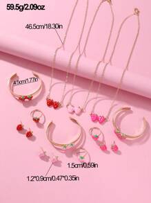 5 pièces/set Collier, bracelet, boucles d'oreilles, bague en forme de fraise pour filles, ensemble de bijoux