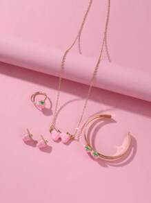 5 pièces/set Collier, bracelet, boucles d'oreilles, bague en forme de fraise pour filles, ensemble de bijoux