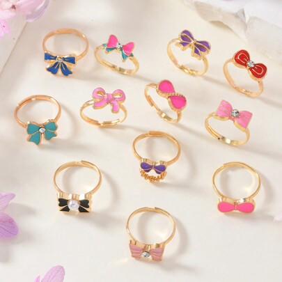 12pcs Adjustable Zinc Alloy Bow Knot Children Rings, Jewelry For Girls, Birthday Gift Or Party Decoration
