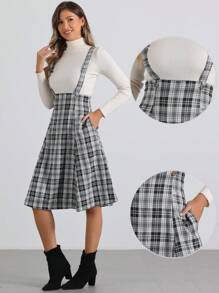 Women's Tartan Plaid Pinafore Suspender Skirt Overall Dress - màu đen - Xem 2