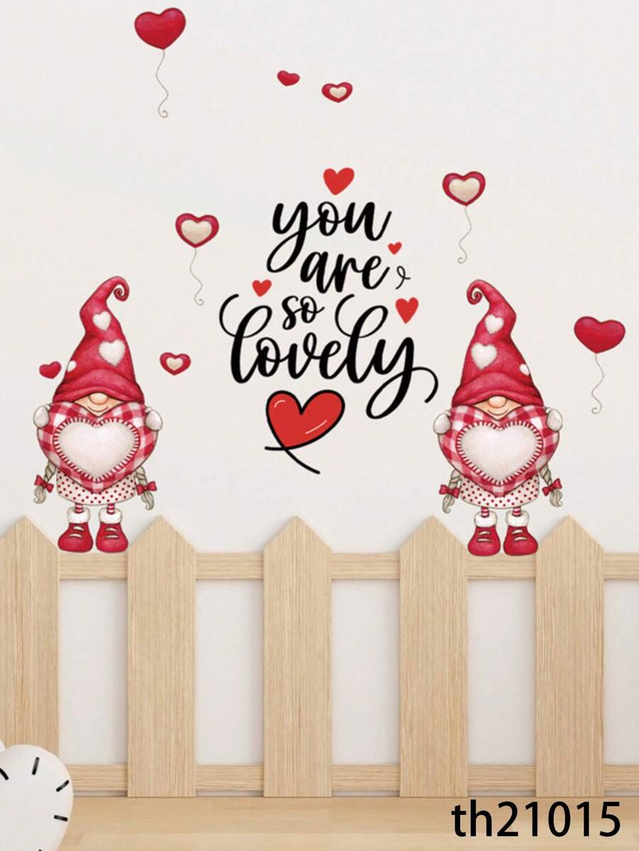 1 Set Valentine'S Day Wall Decals, Self-Adhesive Gnome Heart Stickers, For Anniversary Party, For Living Room, Bedroom, Entryway Wall Decor Gifts Birthday Graduation Personalised Stickers - Multicolor - View 1