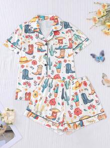 Set de 2 piezas de pijama con estampado de vaquero para mujer, que incluye camisa de manga corta con cuello y botones y pantalones cortos sueltos con elástico, ropa de dormir para fiestas, uso casual en interior o exterior, para todas las estaciones, conjunto de dos piezas