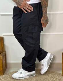 Calça Cargo Sarja Larga Masculina Skate Casual Bolso Lateral - Preto - Visão 4