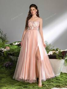 Faeriesty Elegante bloemenapplicatie met strik op de rug, split op de dij, mesh cami-jurk, formele feestjurk, trouwjurk, bruiloftsgastjurk, avondjurk