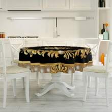 1pc Black With Golden Edge Pearl Totem Print Round Tablecloth, Waterproof Colorful Patio Dining Table Cover, Vintage Tapestry Curtain Shawl Scarf Picnic Mat Suitable For 63-Inch Tables