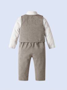 3pcs Young Boys Gentleman Outfit Set: White Collared Shirt With Bow Tie, Grey Vest And Suspender Pants, Fashionabantic For Birthday Party, Wedding, Anniversary
