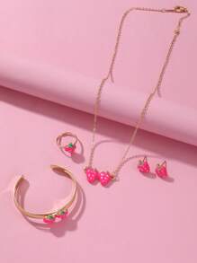 5 pièces/set Collier, bracelet, boucles d'oreilles, bague en forme de fraise pour filles, ensemble de bijoux