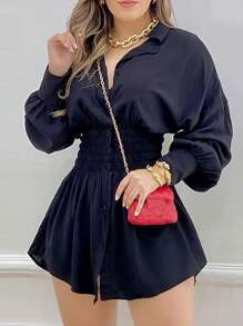 Women's Fashion Collared Shirt Dress, Solid Color Ruched Waist Long Sleeve Slim-Fit Lightweight Blouse Dress, Spring/Summer - Navy Blue - View 5