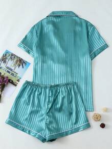 [Elegant Fields]2 Pieces Women Satin Striped Short Sleeve Polo Shirt And Shorts Pajama Set, For Spring And Summer, Two Pieces Set - Green - View 2