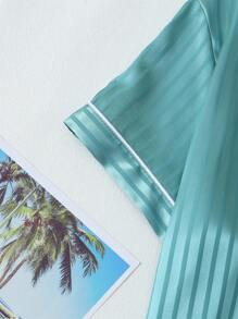 [Elegant Fields]2 Pieces Women Satin Striped Short Sleeve Polo Shirt And Shorts Pajama Set, For Spring And Summer, Two Pieces Set - Green - View 4