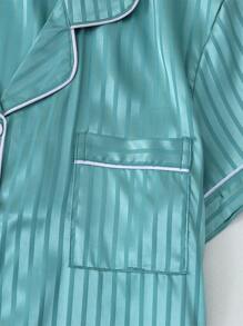 [Elegant Fields]2 Pieces Women Satin Striped Short Sleeve Polo Shirt And Shorts Pajama Set, For Spring And Summer, Two Pieces Set - Green - View 5
