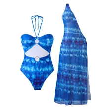 1pc Women Blue Monokini With Mesh Skirt Swimsuit, Elegant Holiday & Resort
