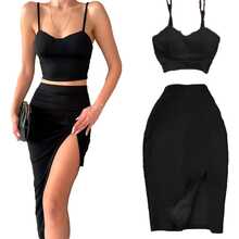 BLACK TOP AND SKIRT WITH LEG SLIPPING Fitted Strappy Top - Black - View 4