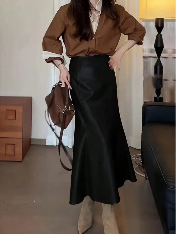 Einfarbiger A-Linien Rock aus Kunstleder, lässig und modisch für den täglichen Gebrauch