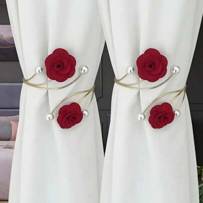 2pcs/1pc Pearl Flower Alloy High-End Curtain Buckle, No-Drill Curtain Tie Backs, Rose Flower Curtain Tie Bands, Metal & Polyester Floral Curtain Clips, Suitable For Various Curtain Storage & Decoration, Luxury Alloy Curtain Buckle, Curtain Storage, No Installation Required, Window Decor, Warm Home Embellishment