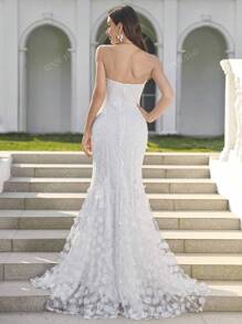 UNITHORSE UNITHORSE Women Lace Patchwork Strapless Backless Elegant Fish Tail Wedding Gown Dress,Bride, All White Party Outfit Women