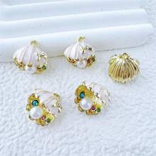 5pcs Marine Style 3D Pearl Encrusted Shell Zinc Alloy Pendant, DIY Earrings Necklace Charms Accessories