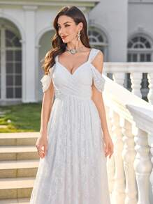 UNITHORSE 女士细肩带蕾丝刺绣露背白色婚纱，优雅伴娘礼服，全白派对服装女士 - 白色 - 查看 7