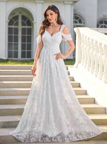 UNITHORSE 女士细肩带蕾丝刺绣露背白色婚纱，优雅伴娘礼服，全白派对服装女士 - 白色 - 查看 4