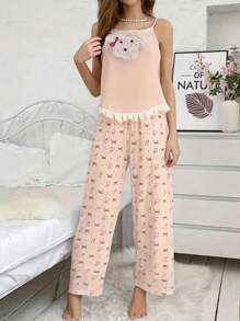 2 件套女士无袖宽松睡衣套装，包括无袖圆领衬衫，带有毛绒小狗刺绣和蕾丝花边，以及全身印花熊和蝴蝶结长裤，舒适、吸湿排汗，适合春秋休闲装