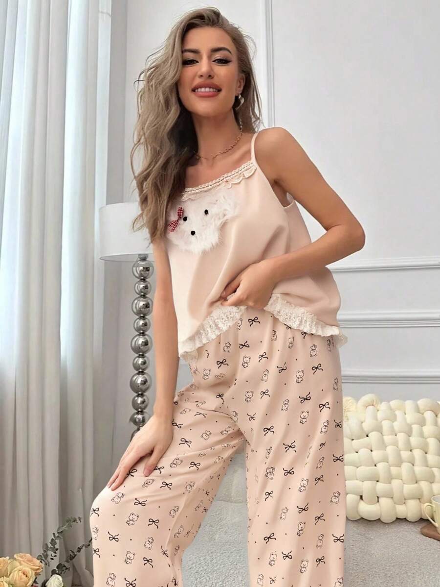 2 件套女士无袖宽松睡衣套装，包括无袖圆领衬衫，带有毛绒小狗刺绣和蕾丝花边，以及全身印花熊和蝴蝶结长裤，舒适、吸湿排汗，适合春秋休闲装