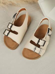 Sandalias para exteriores para niños y niñas, nuevo diseño de doble hebilla y correa, versión coreana retro de sandalias de playa con puntera abierta, calzado de moda y versátil para niños - Beis - Ver 2