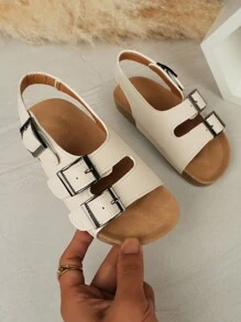 Sandalias para exteriores para niños y niñas, nuevo diseño de doble hebilla y correa, versión coreana retro de sandalias de playa con puntera abierta, calzado de moda y versátil para niños - Beis - Ver 5