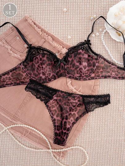 1 套女士豹纹蕾丝边蝴蝶结钢圈舒适内衣套装