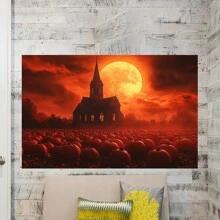 Pumpkin Patch Canvas Wall Art, Halloween Theme, Mysterious Moonlit Church Scene, Suitable For Home, Bedroom, And Living Room Decor