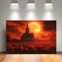 Pumpkin Patch Canvas Wall Art, Halloween Theme, Mysterious Moonlit Church Scene, Suitable For Home, Bedroom, And Living Room Decor