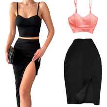 BLACK TOP AND SKIRT WITH LEG SLIPPING Fitted Strappy Top - Coral Pink - View 4