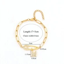 1件极简字母胸针，不锈钢回形针链手链，女士 - 金黃色 - 查看 2