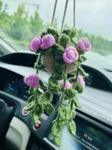 1 pieza Planta de crochet linda para espejo retrovisor de carro/decoración de habitación, accesorio colgante hecho a mano para espejo de carro estilo bohemio, adecuado para mujeres y niñas, decoración estética interior verde del carro, adorno colgante para camión para hombres