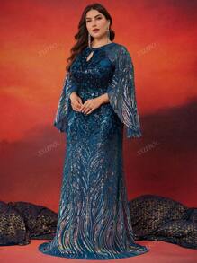 XUIBOL Vestido largo elástico con degradado y lentejuelas en talla grande, vestido formal elegante con cuello redondo, manga larga y manga dividida, adecuado para madre de la novia, fiesta de cóctel, ocasiones formales, invitada de boda, vestido de noche