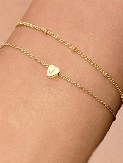 心形字母双层不锈钢心形26个字母多层手链