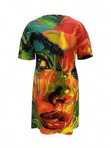 大码女式时尚肖像印花 V 领口袋连衣裙 - 彩色 - 查看 3