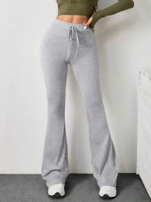 1pc Fashion Minimalist High Waist Slimming Drawstring Casual Comfortable Solid Color Flare Workout Maxi Pants, Spring/Summer