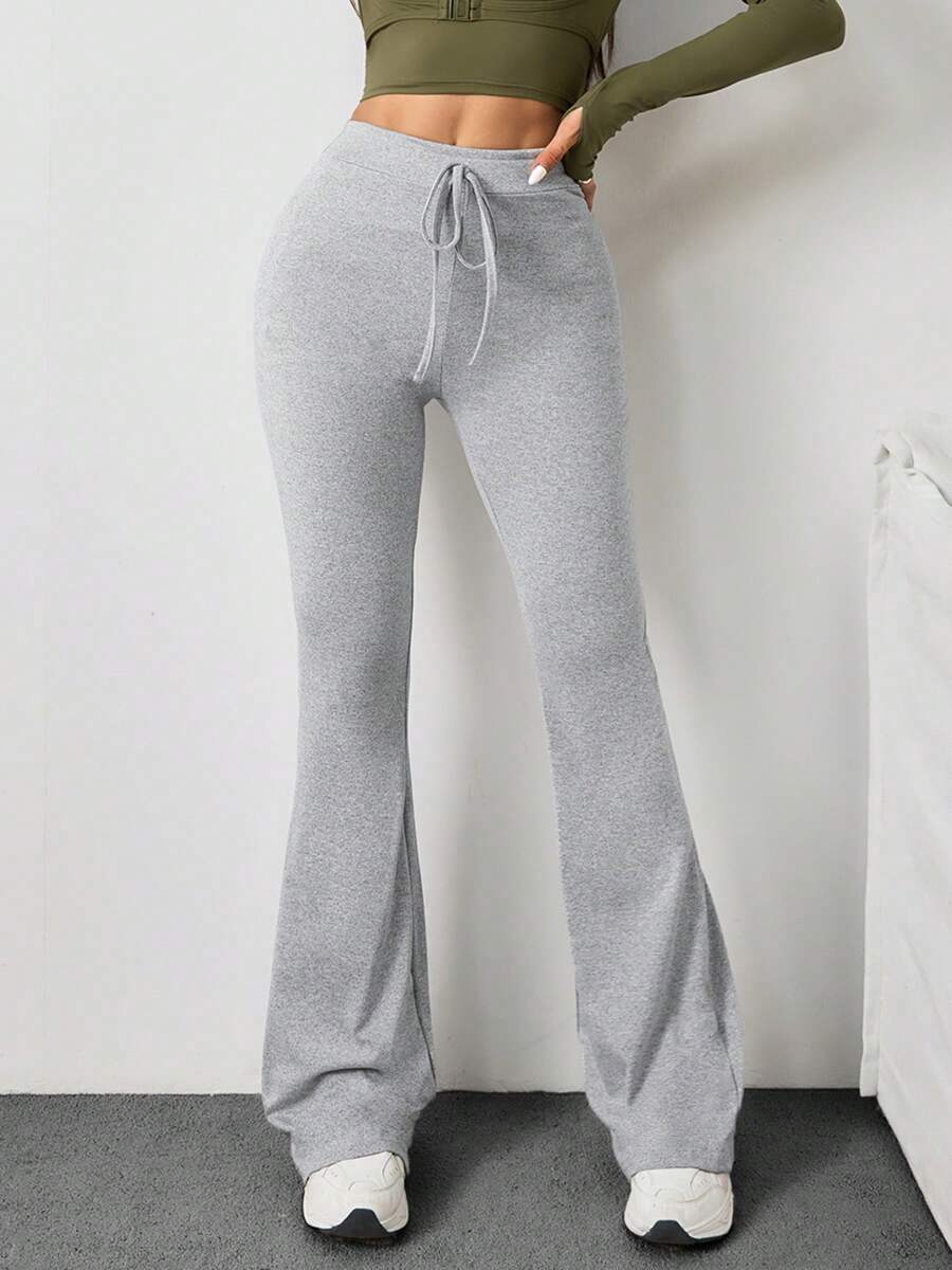 1pc Fashion Minimalist High Waist Slimming Drawstring Casual Comfortable Solid Color Flare Workout Maxi Pants, Spring/Summer