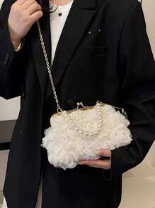 1件白色浪漫婚礼季2025春夏仿珍珠网纱花朵夹仿珍珠手提包女士高端奢华晚宴包，新娘包，婚礼派对，宴会，优雅仿珍珠包，精致花卉包，女士舞会包，蕾丝 - 白色 - 查看 6
