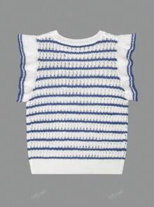 Women's Crochet Knit Striped Sweater Vest Lightweight Crewneck Ruffles Cap Sleeve Top