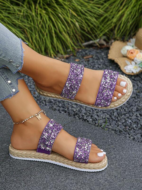 Women's Rhinestone Decor Double Strap Faux Woven Bottom Flat Sandals, Casual & Fashionable Slip-On Beach Sandals For Daily Wear, Summer Deep Purple Pattern Random